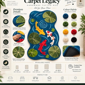 K&ouml;nnte beinhalten: Ein handgefertigter getufteter Teppich namens Carpet Legacy mit einem blauen Teichmotiv, drei Koi-Karpfen in Gelb, Rot und Wei&szlig; sowie gr&uuml;nen Seerosenbl&auml;ttern. Der Teppich umfasst eine Farbpalette aus acht T&ouml;nen, einen Canvas-R&uuml;cken und Gr&ouml;&szlig;en von 90x150 cm bis 240x300 cm.