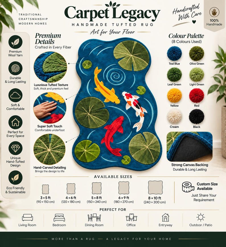 K&ouml;nnte beinhalten: Ein handgefertigter getufteter Teppich namens Carpet Legacy mit einem blauen Teichmotiv, drei Koi-Karpfen in Gelb, Rot und Wei&szlig; sowie gr&uuml;nen Seerosenbl&auml;ttern. Der Teppich umfasst eine Farbpalette aus acht T&ouml;nen, einen Canvas-R&uuml;cken und Gr&ouml;&szlig;en von 90x150 cm bis 240x300 cm.