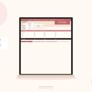 May include: A laptop displays a spreadsheet titled "STORE COMMISSION CALCULATOR" with a pink and beige color scheme. A small card on the left reads "Commission Calculator" with text and a price. The background is a light pink.