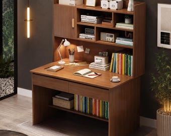Modern Desk with Hutch and Storage Shelves, Computer Desk for Home Office, Wooden Study Writing Desk