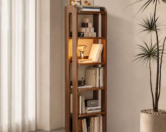 Solid Wood Narrow Bookshelf Tall Bookcase Space Saving Storage Shelf Floor Standing Wooden Organizer