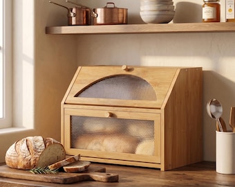 Bamboo Bread Box with Acrylic Front, Food Grade Kitchen Counter Storage