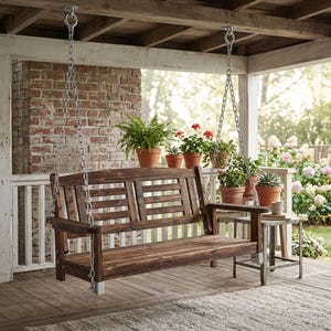 Wooden Porch Swing Bench: Acacia Wood, Weather-Resistant, 600 lb Capacity