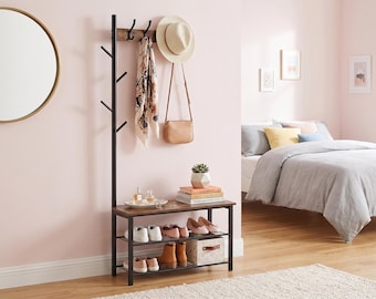 Coat Rack Bench with Shoe Storage, Industrial Wood Metal Hall Tree