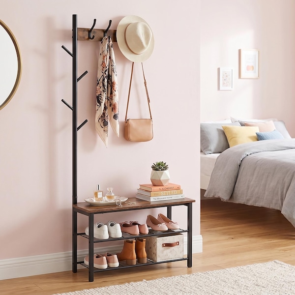 Coat Rack Bench with Shoe Storage, Industrial Wood Metal Hall Tree