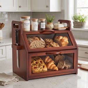 May include: A two-tier wooden bread box with glass front panels and a side knife slot. The top shelf holds a loaf of sourdough, cookies, and a brioche loaf. The bottom shelf contains focaccia, croissants, and sliced bread. Three glass jars sit on top.