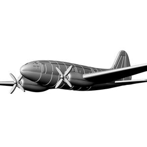 Peut inclure: Un modèle d'avion gris mat présentant une conception bimoteur avec deux hélices montées sur les ailes. L'appareil possède un fuselage arrondi, un stabilisateur vertical sur la queue et une finition de surface lisse et unie sans marquages.