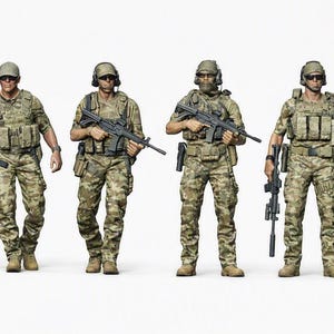 Può includere: Quattro statuette di soldati in miniatura in fila, ognuna con uniformi tattiche mimetiche, gilet e berretti. Sono dotati di fucili neri, cuffie e occhiali protettivi, realizzati con dettagliati equipaggiamenti militari.