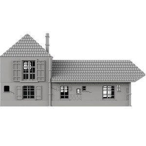 Può includere: Un modello in miniatura grigio di un edificio a due piani con tetto in tegole, un alto camino e diverse finestre con persiane. La struttura presenta una sezione più alta a sinistra e un'ala bassa allungata a destra, con dettagli in mattoni a vista.