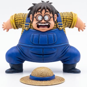 May include: A figurine of a stout character with dark hair, a mustache, and round glasses, wearing a yellow plaid shirt under blue overalls. The character stands with arms outstretched. A straw hat with a blue band sits on the ground in front.