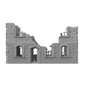 Puede incluir: Un modelo en miniatura gris sin pintar de una fachada de edificio de ladrillo en ruinas. La estructura presenta una línea de techo irregular y rota, múltiples aberturas de ventanas arqueadas y una puerta central, con texturas de ladrillo.