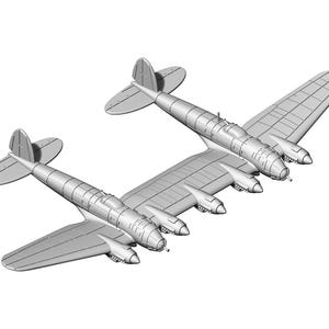 May include: A gray scale model of a twin-fuselage aircraft featuring two distinct cockpits, two tail sections, and a central wing structure connecting the bodies. The model displays four engine nacelles mounted along the front edge of the wing.