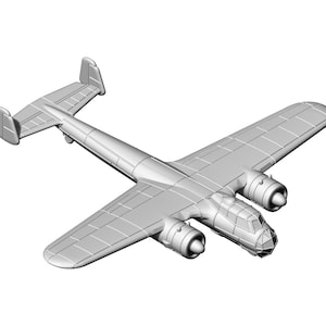 May include: A light gray scale model of a twin-engine aircraft featuring a twin-tail design, a prominent nose cockpit with a faceted window structure, two wing-mounted radial engines, and a long fuselage with visible panel line detailing.
