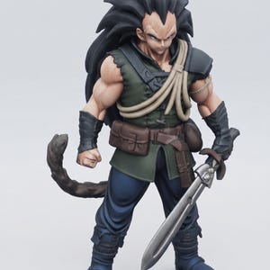 May include: A detailed anime-style figurine of a warrior with long, spiky black hair and a tail. The character wears a dark green sleeveless tunic, a brown utility belt with pouches, dark blue trousers, and boots, while holding a silver sword.