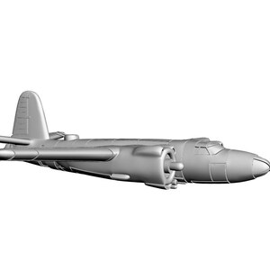 以下が含まれることがあります： マットシルバーカラーの飛行機モデル。双発エンジン設計、目立つ垂直尾翼、流線型の胴体が特徴です。この航空機モデルには、詳細なパネルライン、コックピットエリア、2つのエンジンナセルが表現されています。