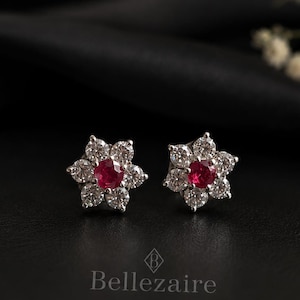 Ruby Moissanite Flower Studs | 925 Sterling Silver Earrings | July Birthstone | Gift for her