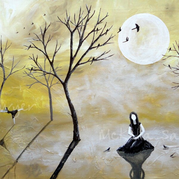 Knowing-14.75x30x.5 Acrylic on Canvas-Girl in Woods with Birds and Mist-Tree Art-Tree Painting-Sitting Under Tree