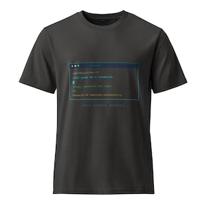 May include: Dark gray t-shirt with a blue and white graphic resembling a computer terminal. The text includes "sudo make me a sandwich" and "ROOT ACCESS GRANTED."