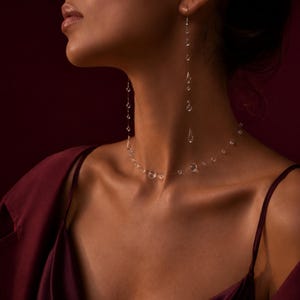 May include: A delicate necklace and matching long drop earring set featuring clear, spherical and teardrop-shaped beads suspended on a thin, transparent filament. The jewelry pieces are arranged to drape around the neck and hang from the earlobe.