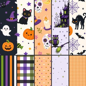 Puede incluir: Un paquete de papel digital titulado PACK HALLOWEEN PARTY que presenta diez paneles verticales con patrones que incluyen gatos negros, calabazas, fantasmas, calaveras, una casa embrujada, un búho, murciélagos, telarañas, rayas, cuadros y vichy naranja.