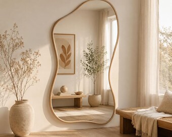Asymmetrical Full Length Accent Mirror, Irregular LED Vanity Glass,Contemporary Nordic Art Piece,Luxury Bathroom Bedroom Entryway Wall Decor