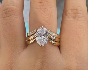 Drei Ring Set, Oval Moissanit Verlobungsring Set, Offene Verpackung Ehering, 14K Gold Brautring Set, JubiläumsgeschenkHochzeitsring Set