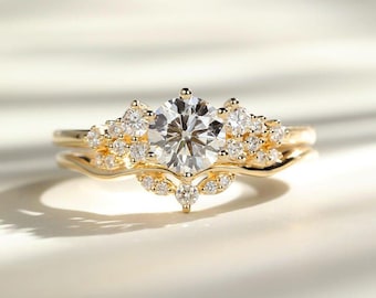 Rond geslepen moissaniet diamanten bruidsring set, massief 14K 18K gouden verlovingsring set, trouwring set, belofte ring voor haar