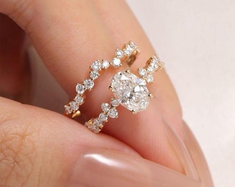 Set di anelli da sposa moderni con taglio ovale, set di anelli di fidanzamento con fede nuziale, set di 2 anelli, set di anelli impilabili in argento, regalo di anniversario per lei