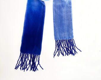 Velvet Cobalt blue 20's style tassel scarf, 51.5" x 3.5" (1m 30 x 9cm) READY TO SHIP