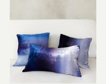 Deep Blue velvet hand-painted pillow cover, Made to order, other sizes available, UK