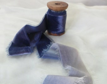 Silk velvet Ribbon in Deep Blue Ombre, Frayed Hand-painted velvet ribbon, UK