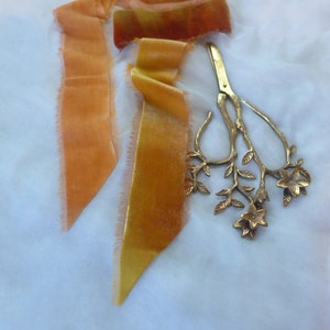 Silk velvet Ribbon, Golden Yellow, amber, burnt orange ,Frayed Hand-painted ribbon,1.5metre 59, UK image 2