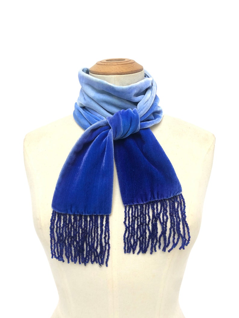 Velvet Cobalt blue 20's style tassel scarf, 51.5 x 3.5 1m 30 x 9cm READY TO SHIP zdjęcie 3