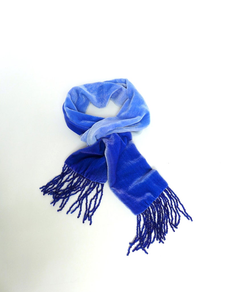 Velvet Cobalt blue 20's style tassel scarf, 51.5 x 3.5 1m 30 x 9cm READY TO SHIP zdjęcie 5