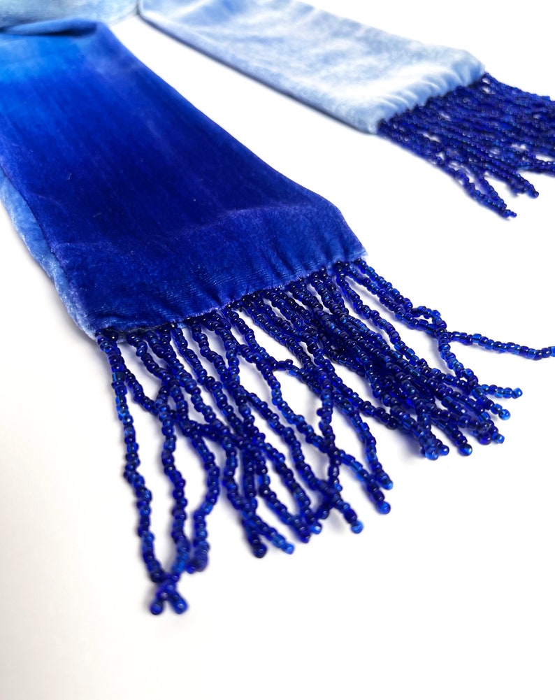 Velvet Cobalt blue 20's style tassel scarf, 51.5 x 3.5 1m 30 x 9cm READY TO SHIP zdjęcie 4