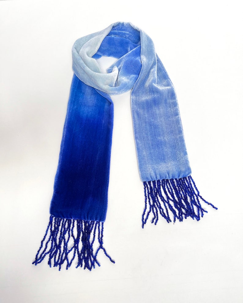 Velvet Cobalt blue 20's style tassel scarf, 51.5 x 3.5 1m 30 x 9cm READY TO SHIP zdjęcie 6