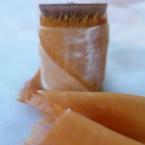 Silk velvet Ribbon, Golden Yellow, amber, burnt orange ,Frayed Hand-painted ribbon,1.5metre 59, UK image 5