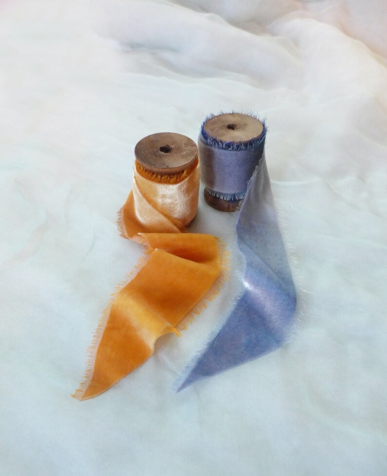 Silk velvet Ribbon, Golden Yellow, amber, burnt orange ,Frayed Hand-painted ribbon,1.5metre 59, UK image 6