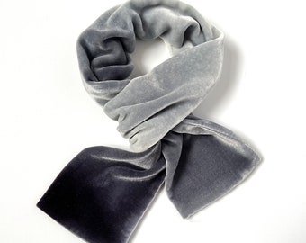 Gray velvet small scarf, Hand-painted ombre velvet Uk 132cm(52") x 11cm (4.5") READY TO SHIp