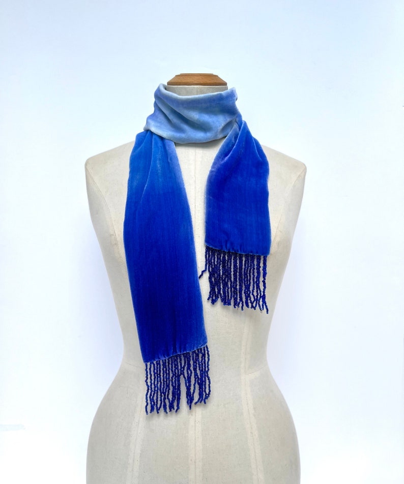 Velvet Cobalt blue 20's style tassel scarf, 51.5 x 3.5 1m 30 x 9cm READY TO SHIP zdjęcie 10