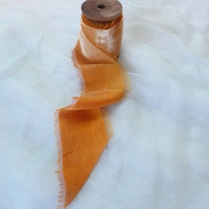 Silk velvet Ribbon, Golden Yellow, amber, burnt orange ,Frayed Hand-painted ribbon,1.5metre 59, UK image 4