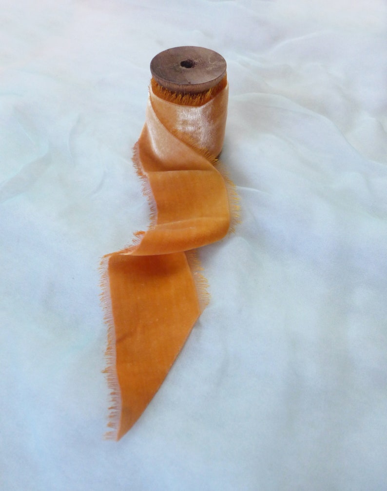 Silk velvet Ribbon, Golden Yellow, amber, burnt orange ,Frayed Hand-painted ribbon,1.5metre 59, UK image 4