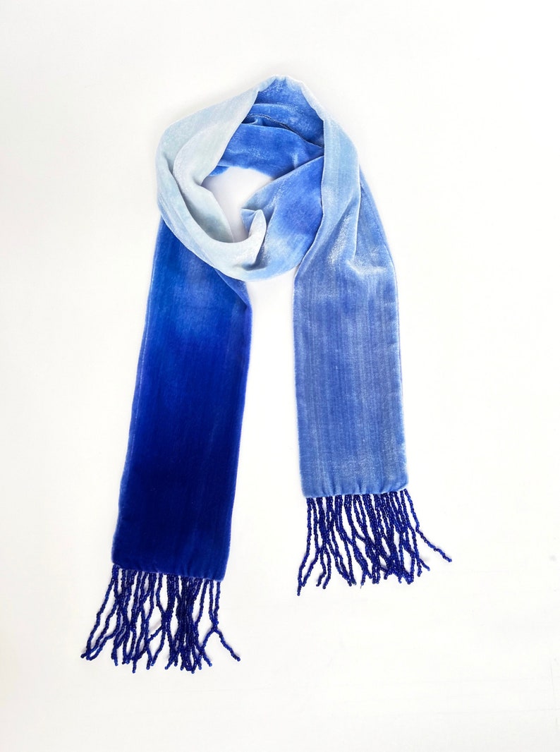 Velvet Cobalt blue 20's style tassel scarf, 51.5 x 3.5 1m 30 x 9cm READY TO SHIP zdjęcie 2