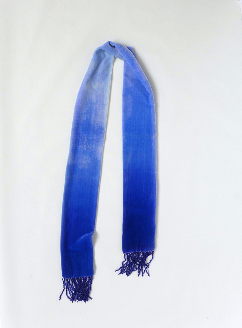 Velvet Cobalt blue 20's style tassel scarf, 51.5 x 3.5 1m 30 x 9cm READY TO SHIP zdjęcie 8