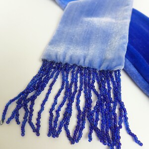 Velvet Cobalt blue 20's style tassel scarf, 51.5 x 3.5 1m 30 x 9cm READY TO SHIP zdjęcie 7