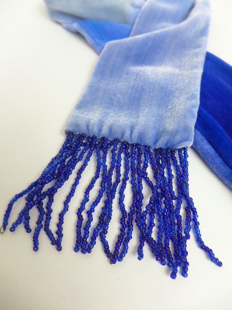 Velvet Cobalt blue 20's style tassel scarf, 51.5 x 3.5 1m 30 x 9cm READY TO SHIP zdjęcie 7