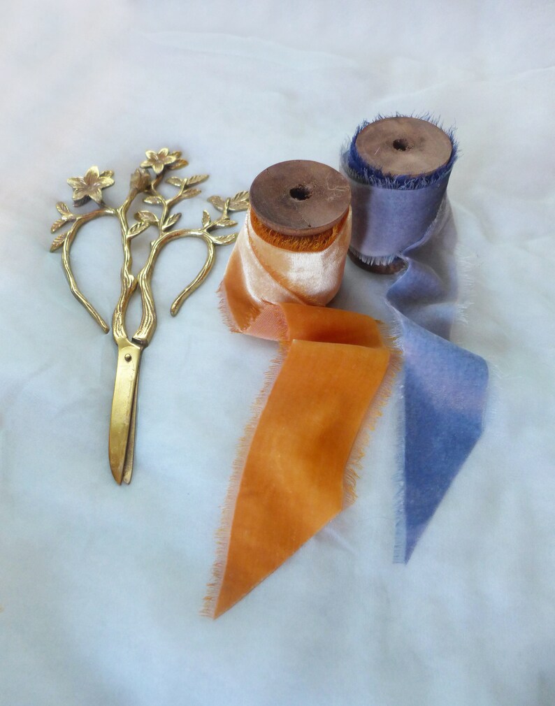 Silk velvet Ribbon, Golden Yellow, amber, burnt orange ,Frayed Hand-painted ribbon,1.5metre 59, UK image 8