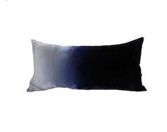 Velvet long lumbar pillow cover in pale silver grey to deep midnight blue, MADE TO ORDER, Uk