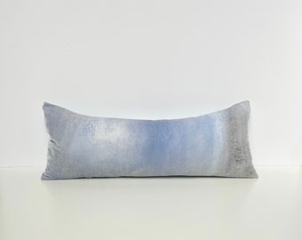 Pale blue & grey velvet hand painted long lumbar pillow, READY TO SHIP, Uk