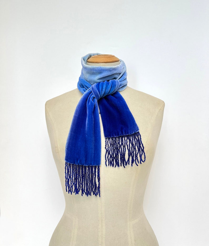 Velvet Cobalt blue 20's style tassel scarf, 51.5 x 3.5 1m 30 x 9cm READY TO SHIP zdjęcie 1